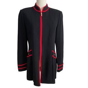 St. John Marie Gray Santana Knit Cardigan Size 8 Long Red Black Zip Up Luxury